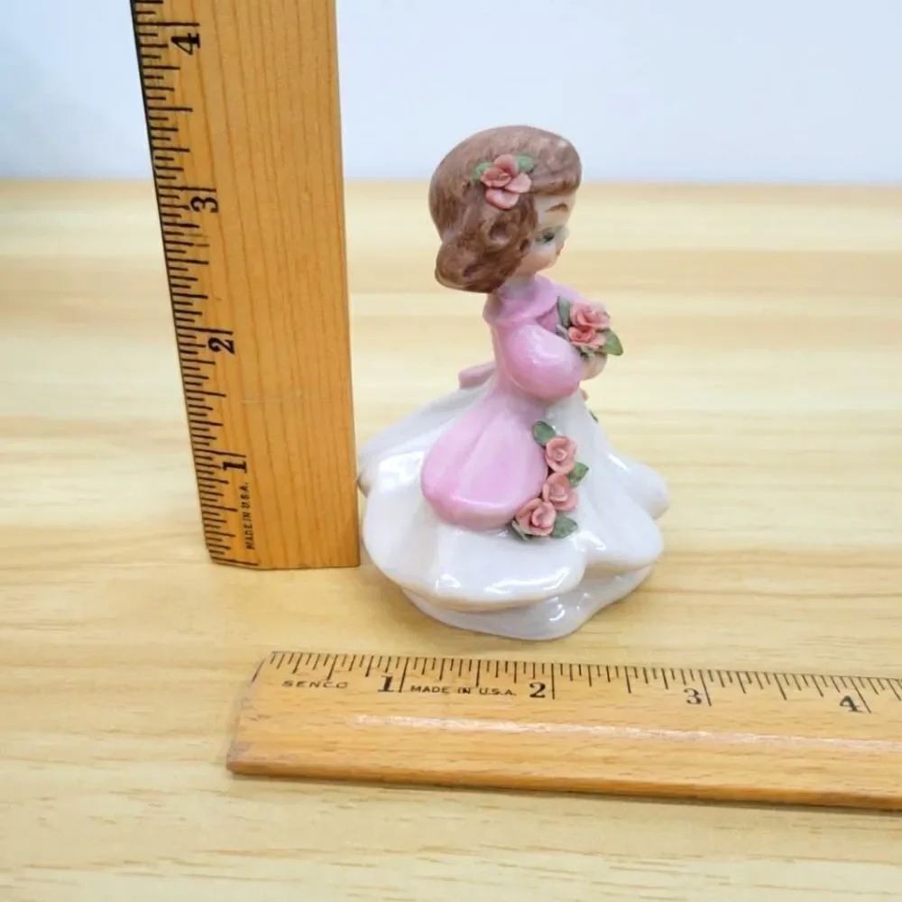 Vintage Pink & Lustery Girl with Applied Flowers Ceramic Figurine